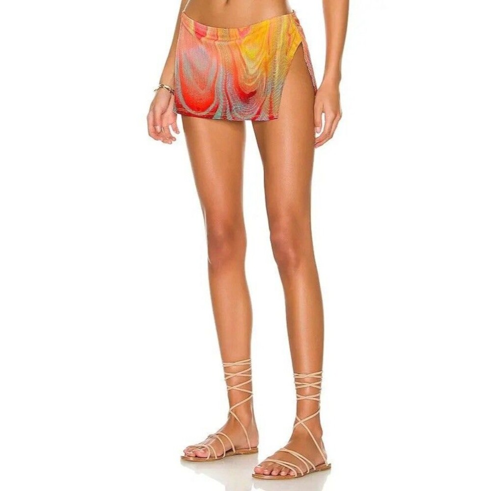 Frankies Bikinis Marty Plisse Bottom Size L Colorful Motion Print Mini Skirt